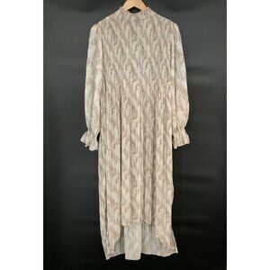 En Saison Women Pleated Sheer Maxi Dress M Beige Keyhole Back Slit Sleeve Hi-Low